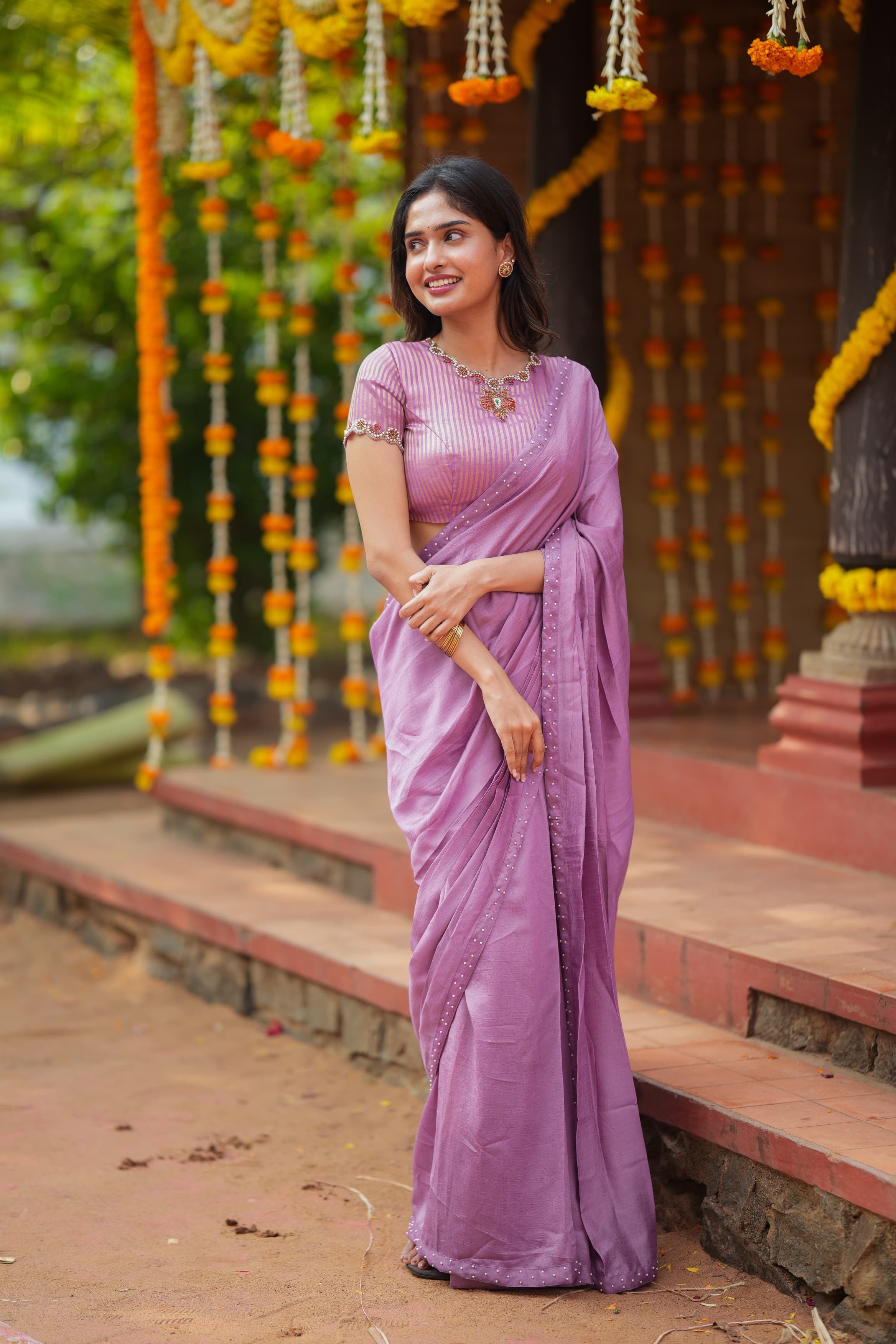 Lavender marble saree with Jewel neck handwork blouse