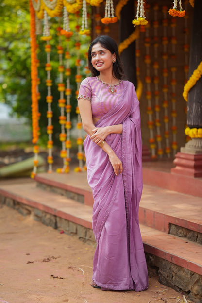 Lavender marble saree with Jewel neck handwork blouse