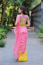 Pink mul chanderi saree with handwork blouse