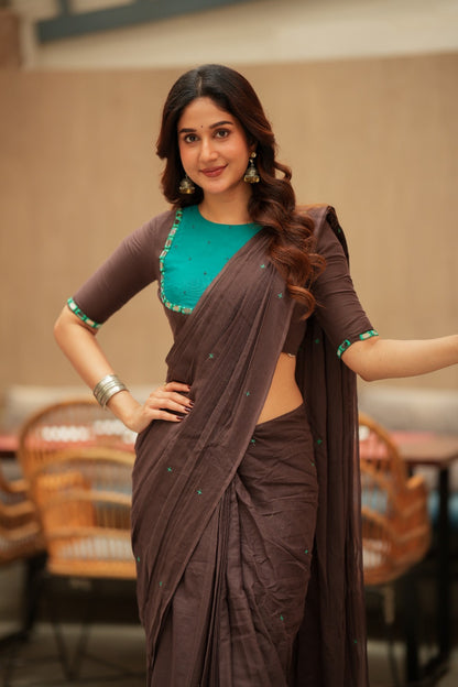 Dark brown mul chanderi with mirror blouse