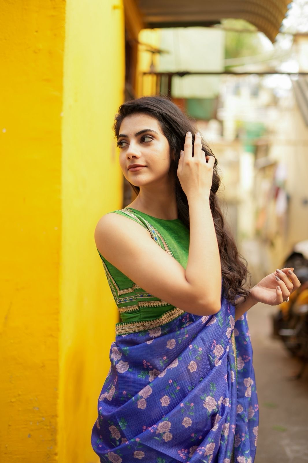 Blue kota saree with green hand work blouse