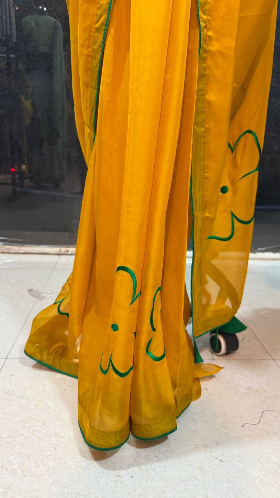 Mustard yellow soft organza saree with embroidery blouse
