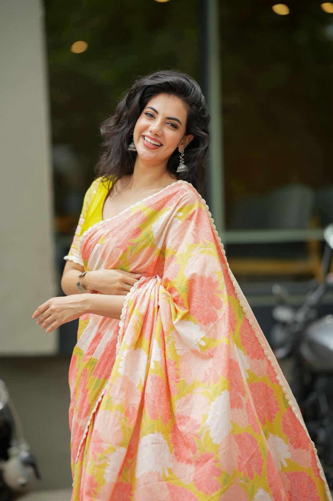 Lime yellow silk & netted hand work blouse (only blouse)