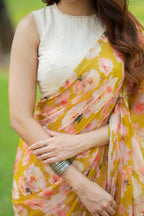 Fenugreek chiffon floral saree with linen mirror blouse
