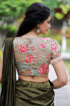 Bottle green Marble Saree with Handwork Blouse