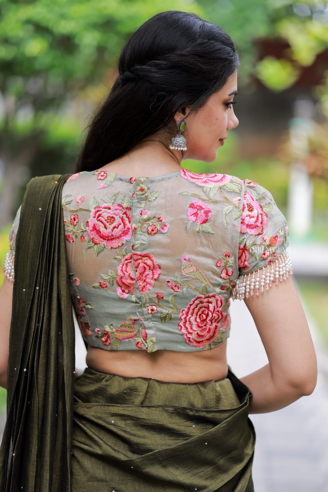 Bottle green Marble Saree with Handwork Blouse