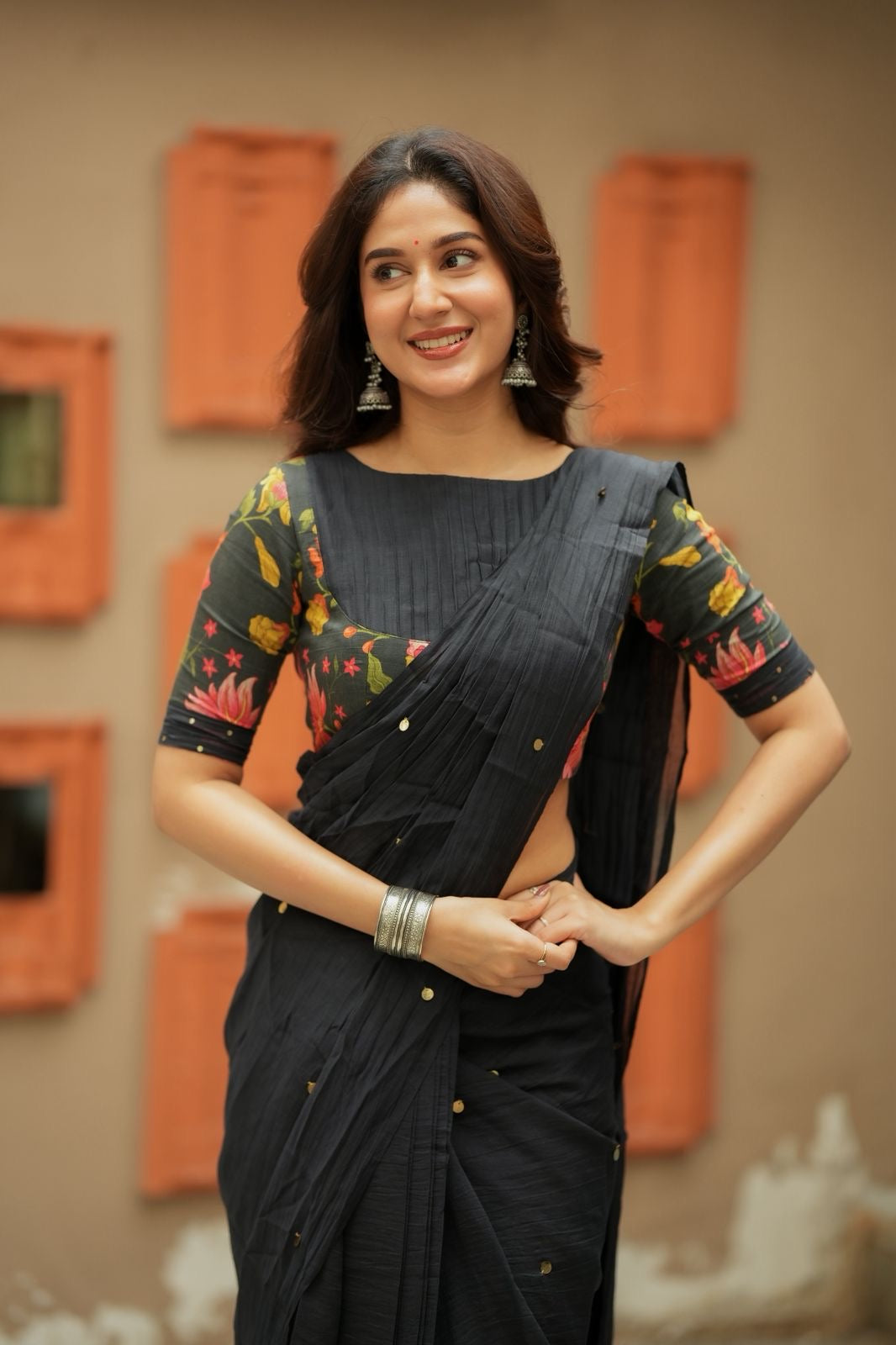 Black chanderi cotton floral print blouse (only blouse)