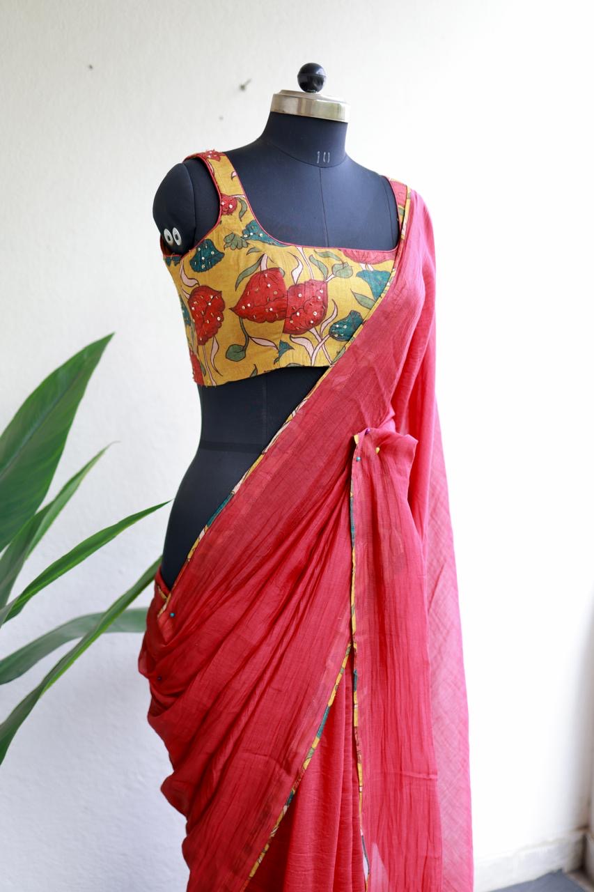 Red chanderi cotton saree with kalamkari handwork blouse