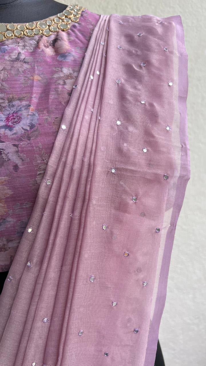 Lavender tissue saree with mirror floral blouse