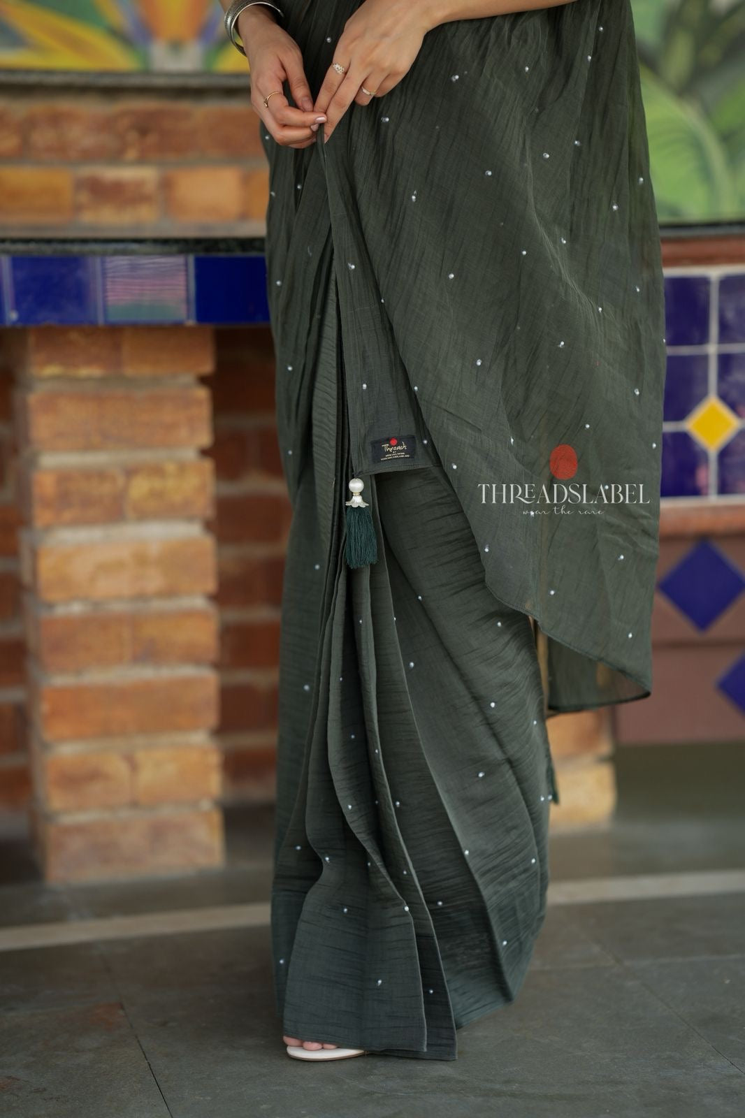 Bottle green mul chanderi saree with mirror work blouse