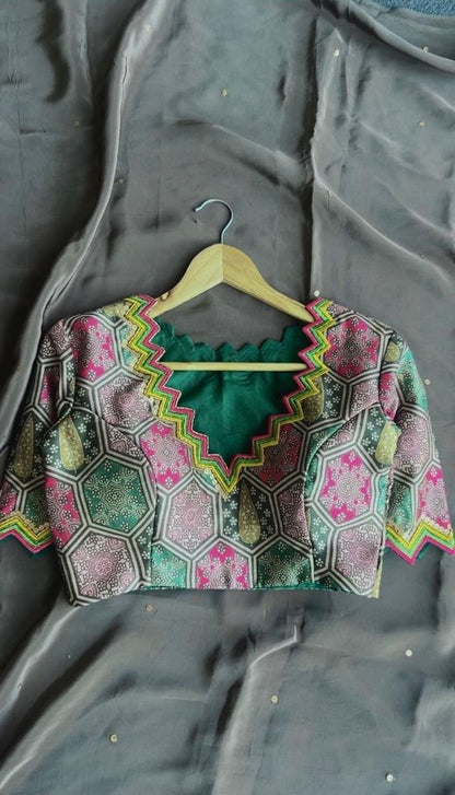 Military green viscose saree with Jute Silk hand work blouse