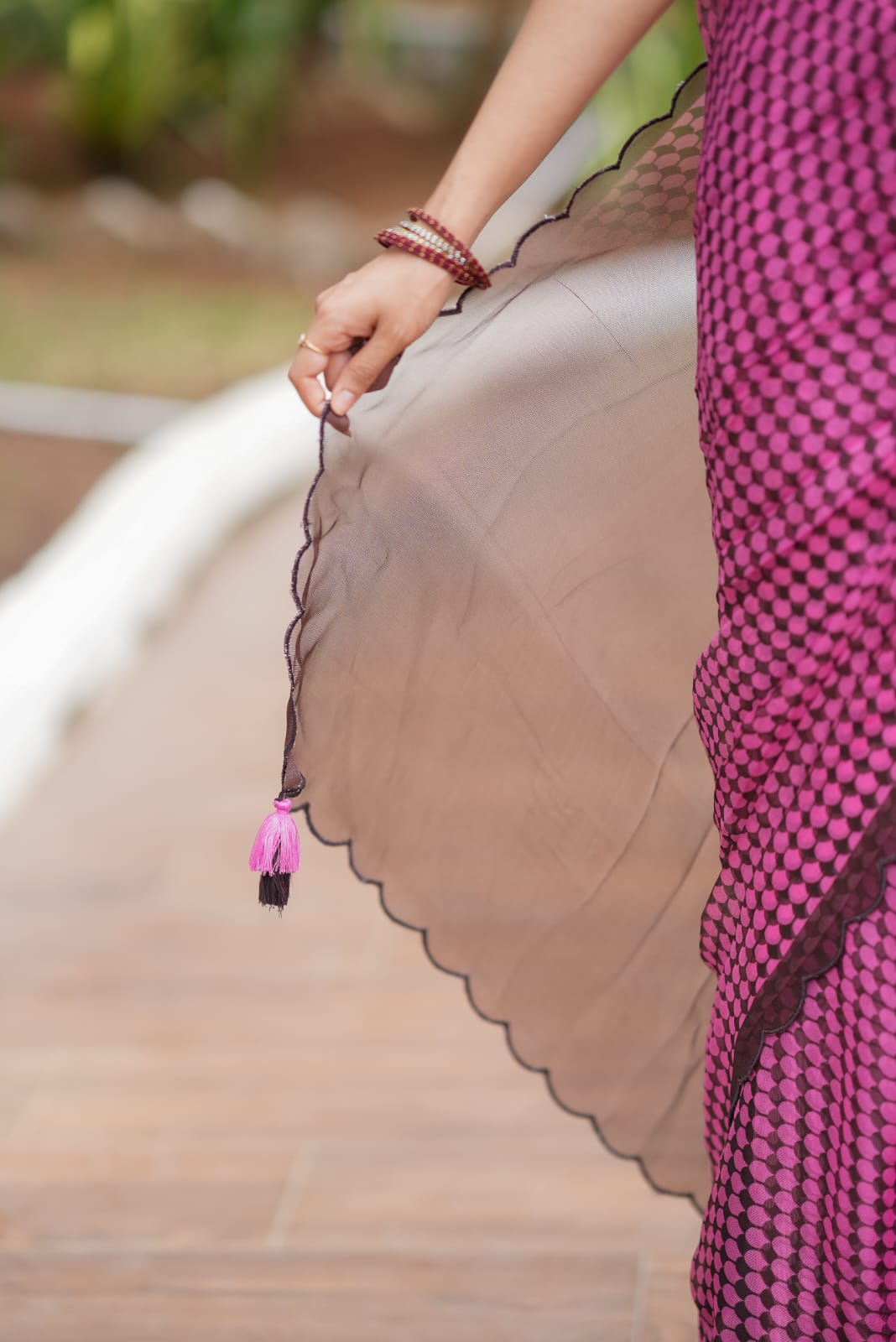 Pink viscose jute saree with hand work blouse
