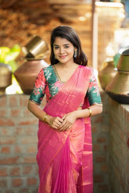 Pink soft tissue saree with hand work blouse