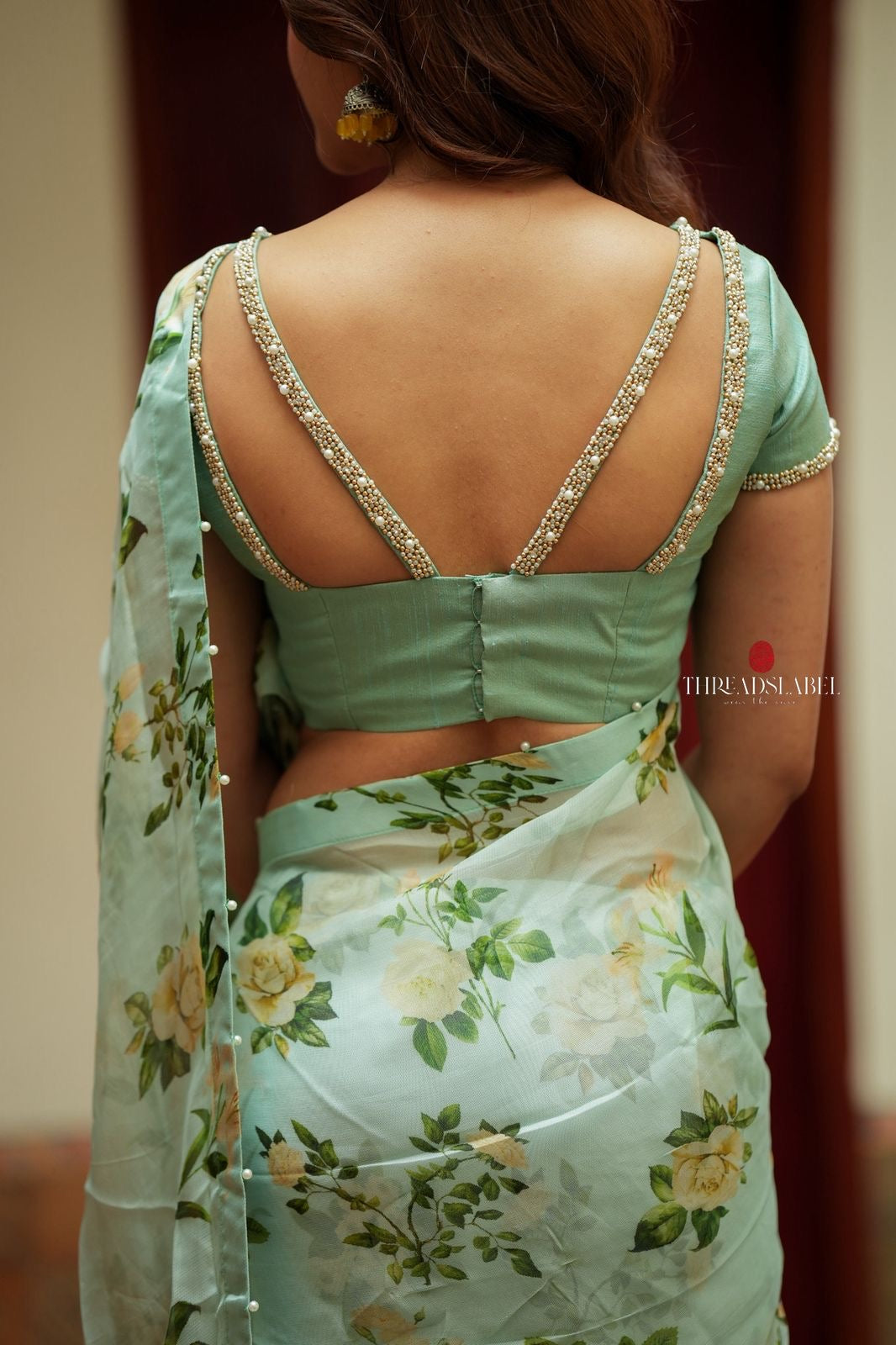 Sea green viscose jute saree with hand work blouse