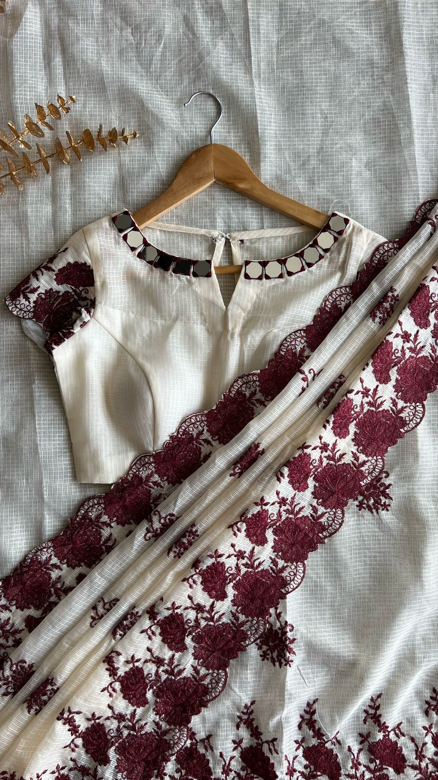 Cream kota cotton saree with mirror work blouse