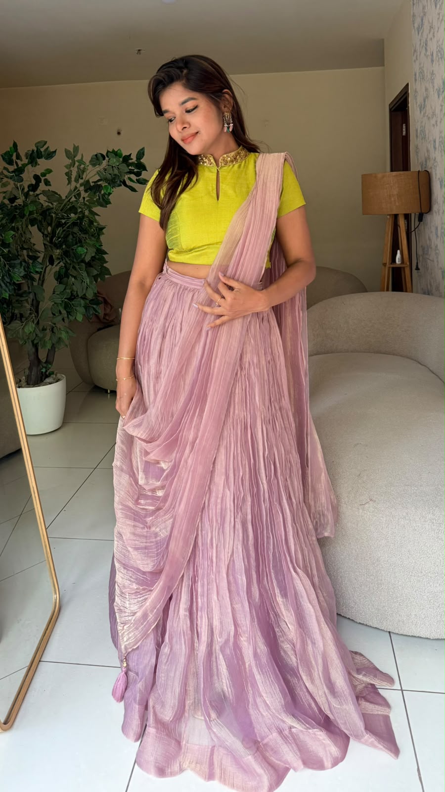 Purple pink tissue hand work lehenga