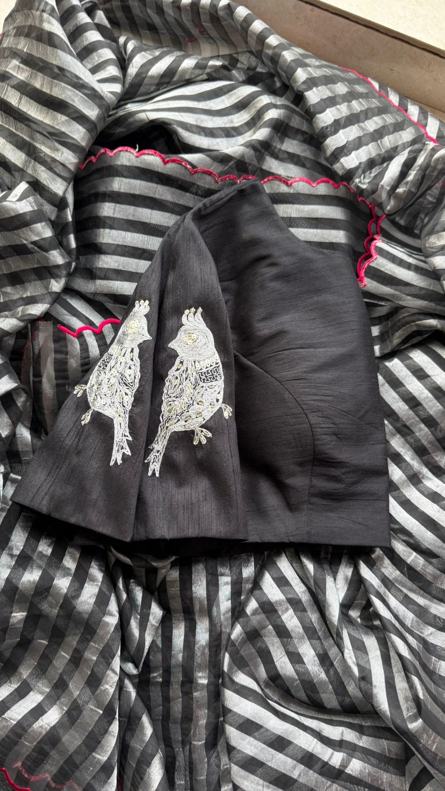 Black & silver stripped tissue saree with bird work blouse