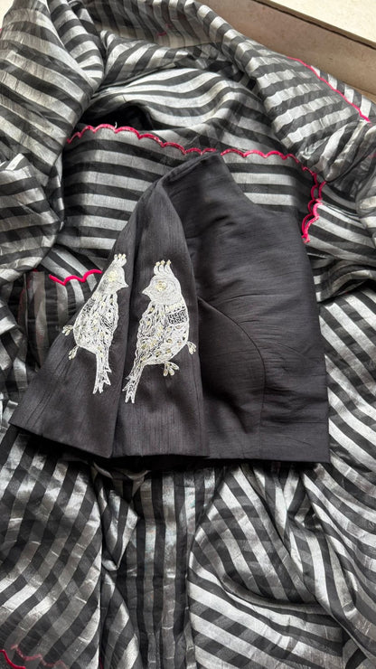 Black & silver stripped tissue saree with bird work blouse