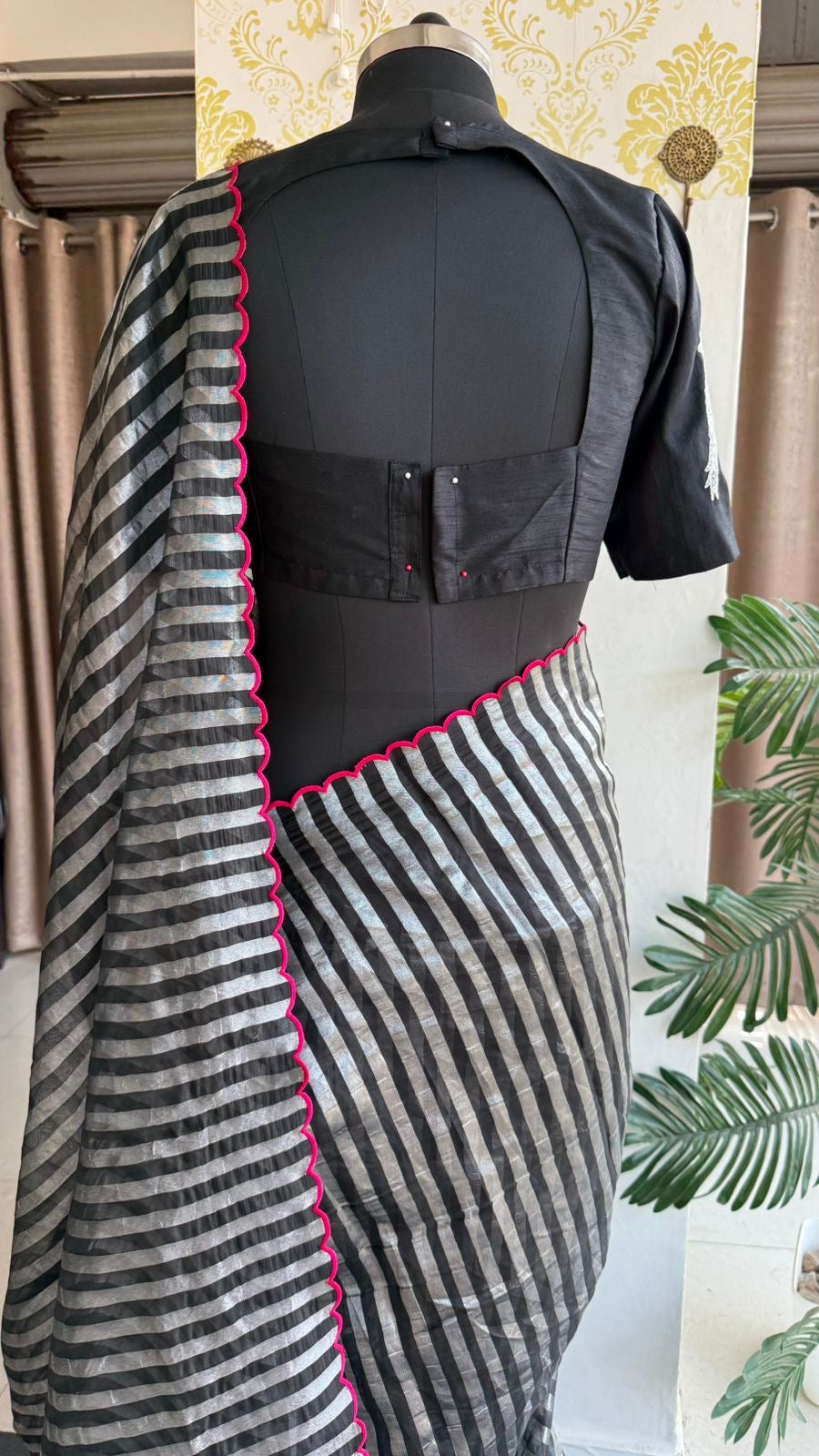 Black & silver stripped tissue saree with bird work blouse