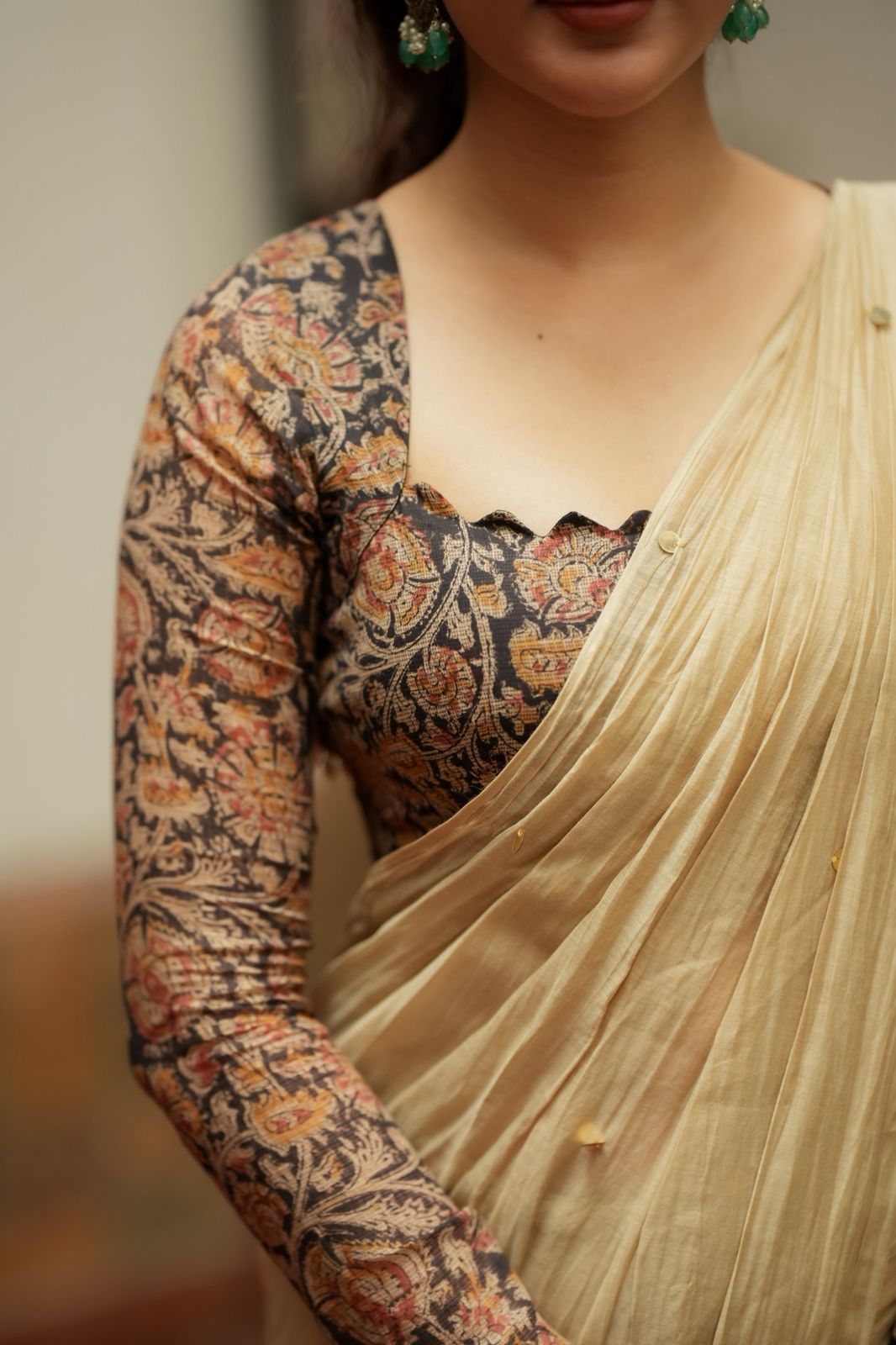 Cream malai chanderi saree with Ajrak print blouse