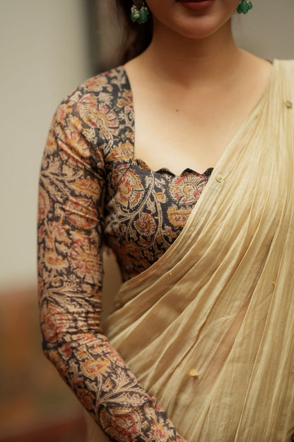 Cream malai chanderi saree with Ajrak print blouse