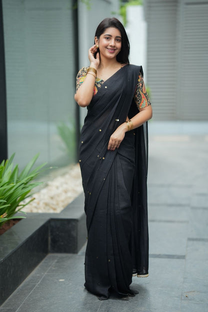 Black malai chanderi saree with heavy embroidery blouse
