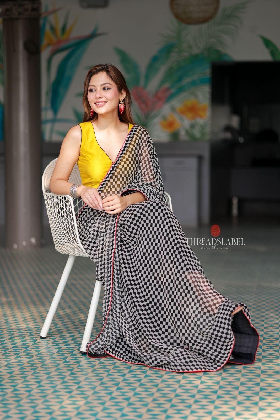 Black & white matrix chiffon saree with chess blouse