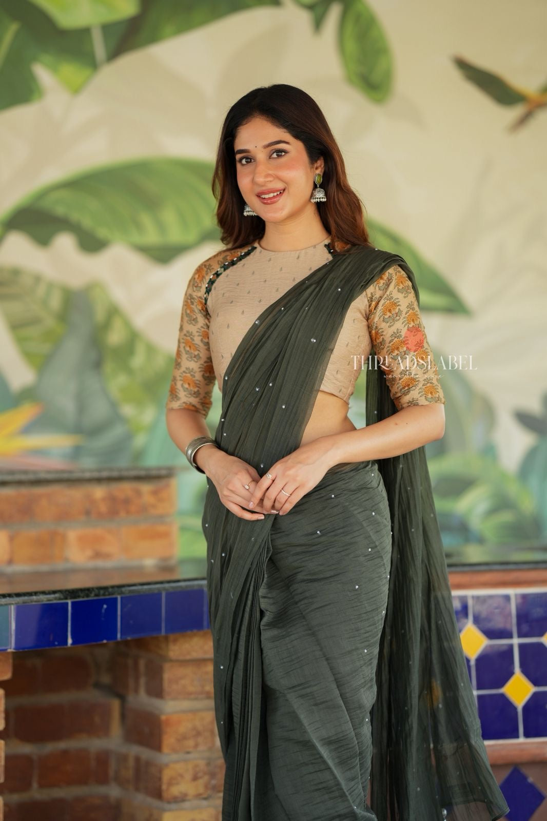 Bottle green mul chanderi saree with mirror work blouse