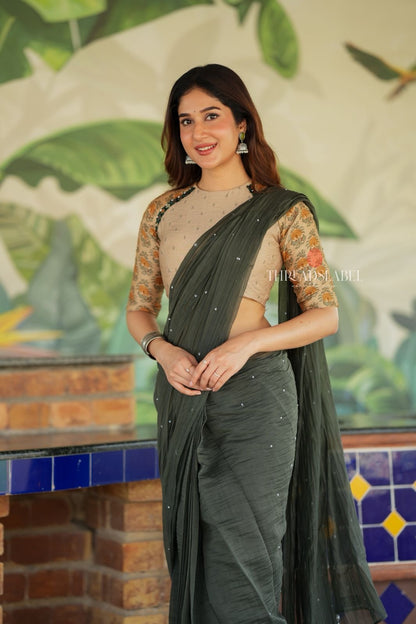 Bottle green mul chanderi saree with mirror work blouse