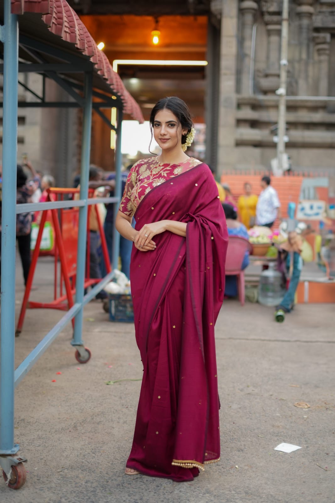 Maroon marble silk saree with embroidery blouse