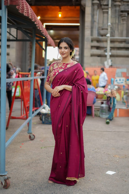 Maroon marble silk saree with embroidery blouse