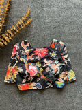 Black floral printed cotton blouse