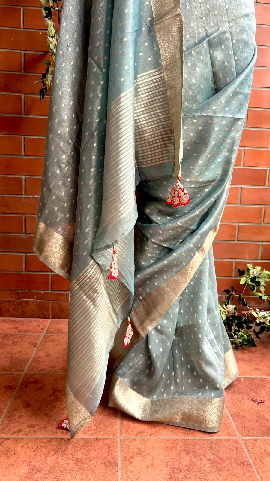 Grey banarasi saree with heavy embroidery blouse