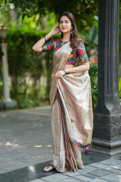 Silver soft tissue saree with blue kalamakari blouse
