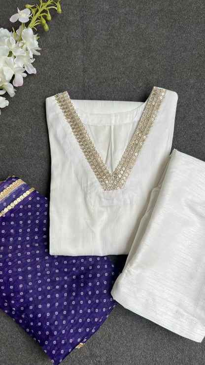 White & purple silk 3 piece kurti dress