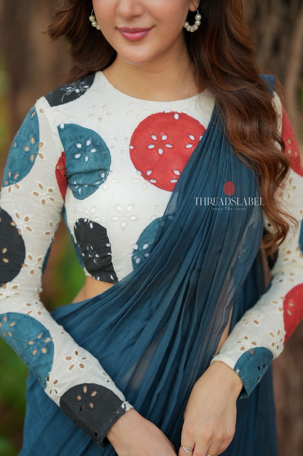Blue mul chanderi saree with embroidery ajrak blouse