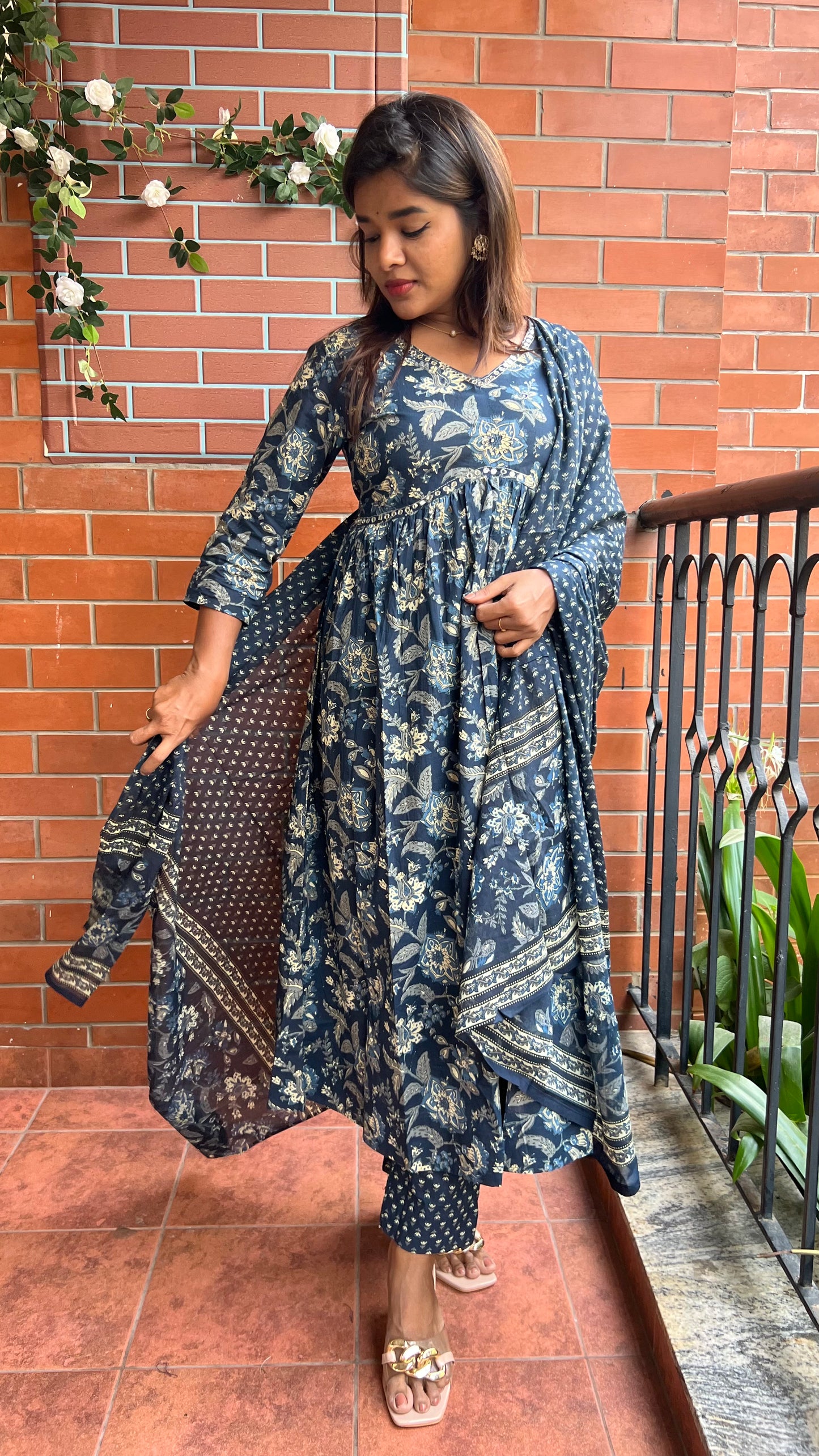 Deep blue cotton embroidered 3 piece kurti suit