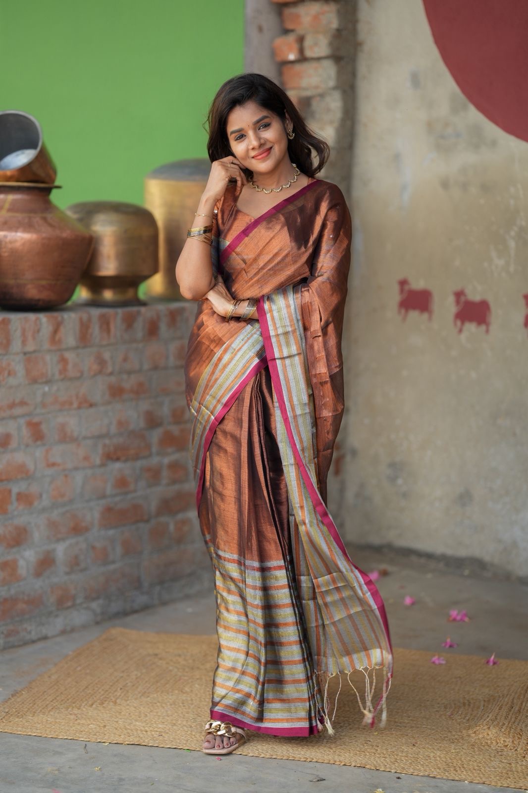 Copper soft tissue saree with handwork blouse