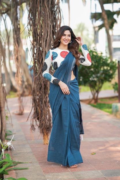 Blue mul chanderi saree with embroidery ajrak blouse