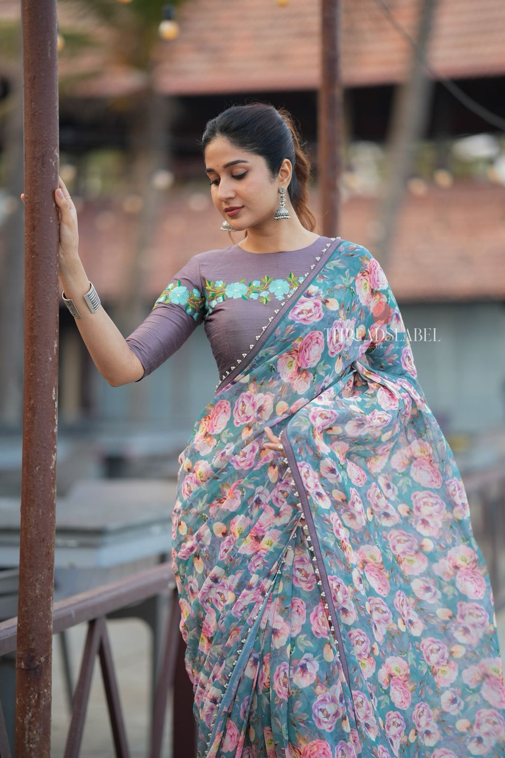 Blue floral georgette saree with grey embroidery blouse