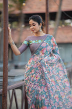 Blue floral georgette saree with grey embroidery blouse
