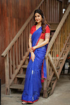 Blue organza cow with red hand work blouse