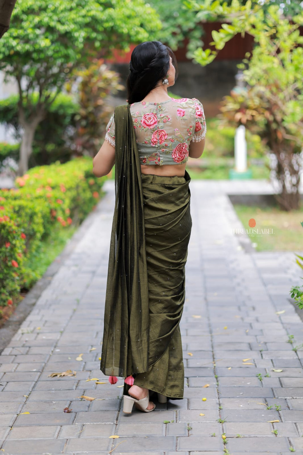 Bottle green Marble Saree with Handwork Blouse