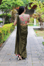 Bottle green Marble Saree with Handwork Blouse