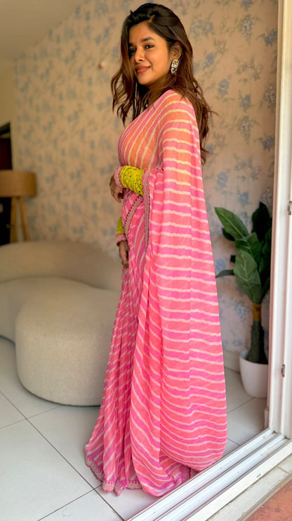 Pink lehariya saree with green hakoba embroidery blouse