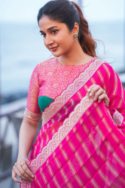 Pink organza silk saree with banarasi blouse