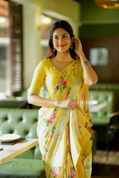 Yellow linen cotton saree with hand work blouse
