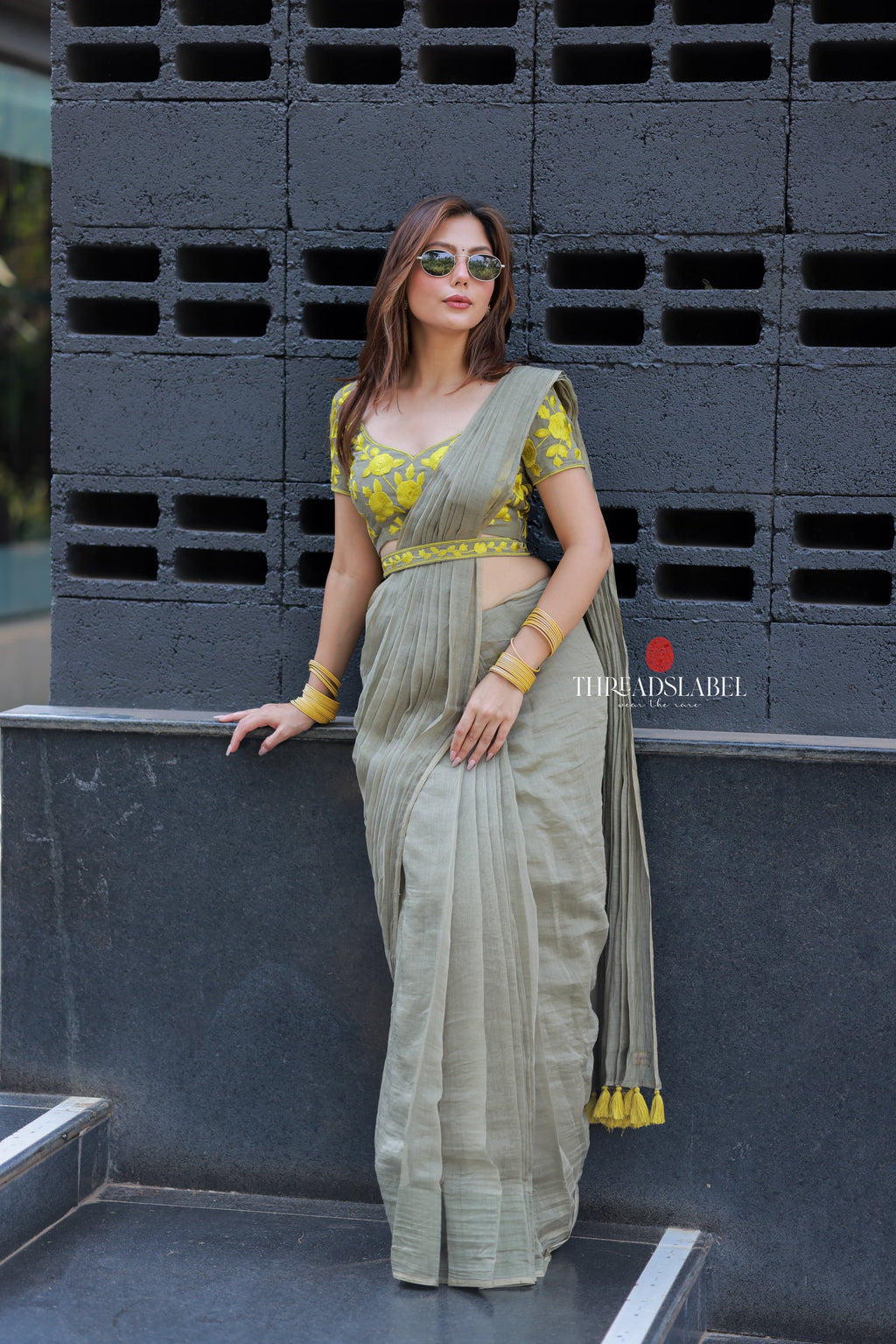 Apple green mul chanderi with embroidery blouse