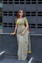 Apple green mul chanderi with embroidery blouse