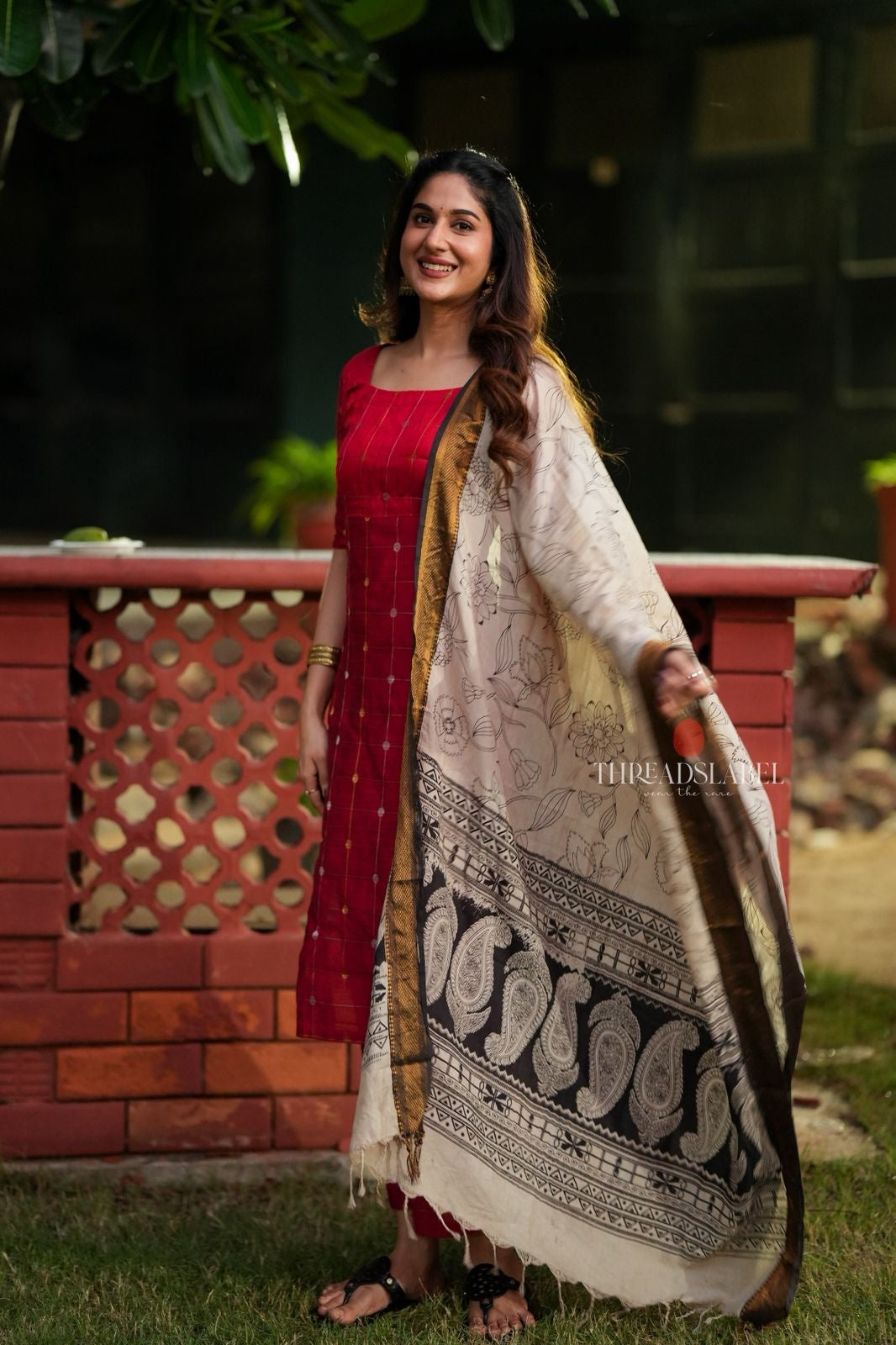 Red checked zari woven kurti